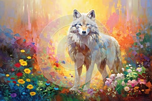 wolf standing amidst a forest filled with vibrant flowers and magical elements