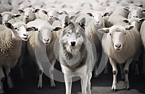A wolf standing amidst a herd of sheep, symbolizing cunning and the element of surprise in plain sight