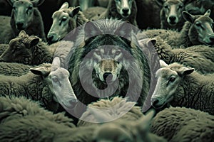 Wolf is standing in front of a herd of sheep.
