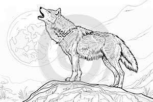 Wolf standing on the rock howling at the moon coloring page for children. Black and white picture. AI Generated