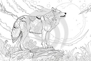 Wolf standing on the rock howling at the moon coloring page for children. Black and white picture. AI Generated