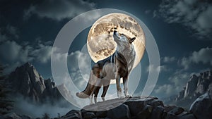 a wolf standing on a rock looking up at the moon