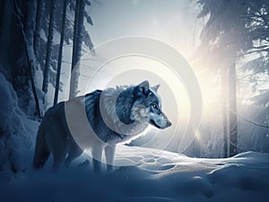 A wolf standing in the snow in front of a forest. AI generative image