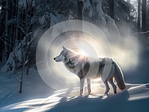 A wolf standing in the snow with the sun shining through the trees. AI generative image