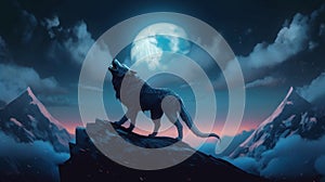 A wolf standing on top of a mountain under a full moon. Generative AI image.