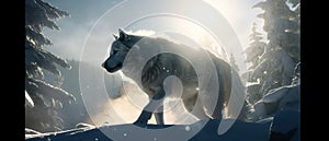 A wolf standing on top of a snow covered hillside. AI generative image