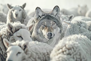 Wolf stands out among flock of many white sheep. Livestock hunt predator danger