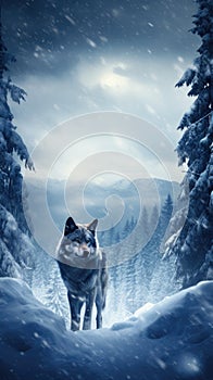 A wolf stands in the snow in front of trees, AI