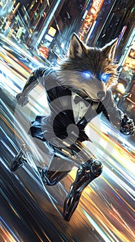 A wolf in a suit is running through a city