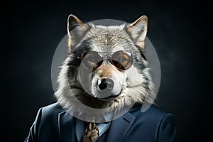 Wolf with sunglasses wearing suit and tie on solid background. Generative AI