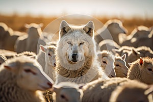 The wolf surrounded by a flock of sheep