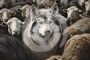 Wolf surrounded by sheep. AI generative