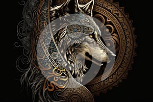 Wolf tattoo design in ornament. Idea sketch in tribal art style. AI generated