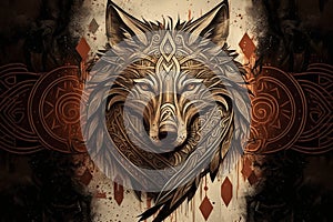 Wolf tattoo design in ornament. Idea sketch in tribal art style. AI generated