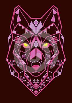 Wolf  ukrainian symbolism tattoo style pink and neon, illustration