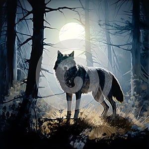 Wolf under the moon, wild and free, king of forest - AI generated