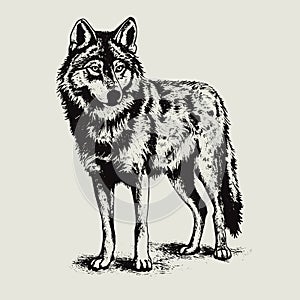 wolf vector drawing. Isolated hand drawn, engraved style illustration
