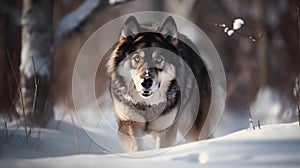 Wolf walking, observe, and hunting in the snowy woods in winter
