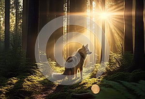 A wolf walks through the woods. AI Generated