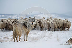 wolf watching over flock of sheep in snowy pasture
