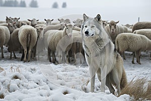 wolf watching over flock of sheep in snowy pasture