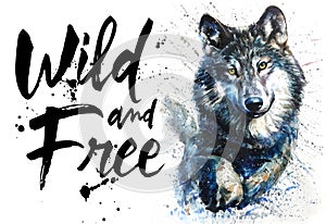 Wolf watercolor predator animals wildlife, wild and free, king of forest, print for t-shirt