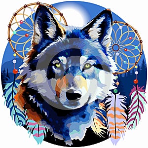 Wolf Wild Animal with Native Dreamcatchers on Wild Blue Mountains Landscape Round Vector Logo Illustration isolated on white.