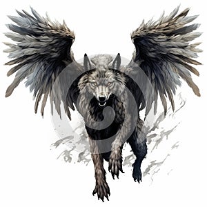 Painterly Realism: Black Winged Werewolf Soaring Over White photo