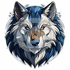 Wolf's head with blue eyes and brown nose on white background