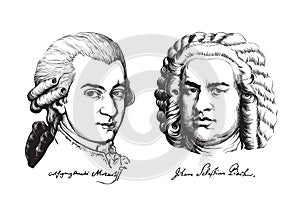 Wolfgang Amadeus Mozart and Johann Sebastian Bach. Vector. photo