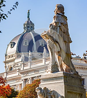 Wolfgang Amadeus Mozart statue in autumn Burggarten park, Vienna, Austria