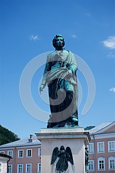 Wolfgang Amadeus Mozart statue in Salzburg city in Europe