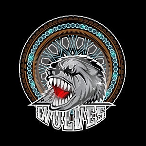 Wolfs head in center of motorcycle wheel, color label on black