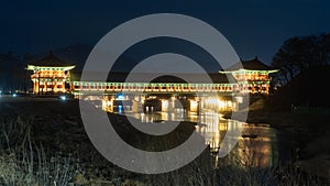 Woljeong Bridge next to Gyochon Traditional Village during winter evening and night at Gyeongju , South Korea : 10 February 2023