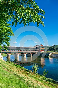 Woljeong Korean traditional bridge on river in Gyeongju, Korea