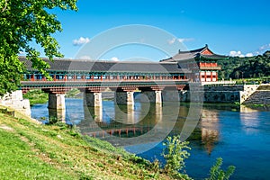 Woljeong Korean traditional bridge on river in Gyeongju, Korea