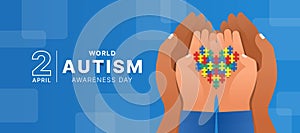 Wolrd Autism Awareness Day - Ault hand and child hands hold colorful puzzle with heart shape sign on blue background vector design