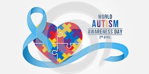 Wolrd Autism Awareness Day banner - blue ribbon roll around colorflu puzzle heart piece sign vector design