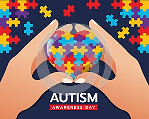 Wolrd Autism Awareness Day banner with Hands hold care colorflu puzzle heart vector design