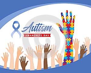 Wolrd Autism Awareness Day banner with raise Hands and hand colorflu puzzle sign for Autism vector design