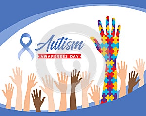 Wolrd Autism Awareness Day banner with raise Hands and hand colorflu puzzle sign for Autism vector design photo