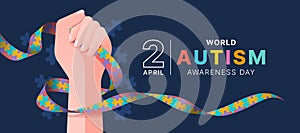 Wolrd Autism Awareness Day - Hand hold line autism awareness puzzle ribbon sign on dark blue and puzzle texture background vector