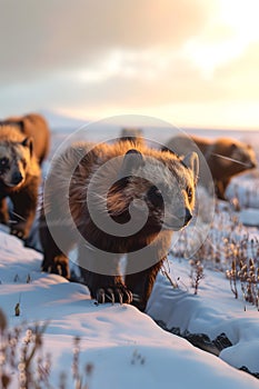 Wolverine family walking towards the camera in the forest with setting sun.