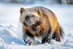 Wolverine in snow, winter forest, alert, close-up. Possible use wildlife nature poster photo