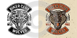 Wolves biker club vector emblem in two styles
