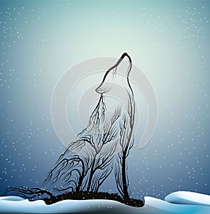Wolves extinction concept, spirit of dying wolf due the forest extinction, wolf look like tree branches in the winter