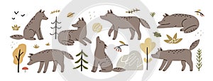 Wolves set in Scandinavian style. Cute forest animal, trees. Scandi wild beast cub, fauna, sweet kawaii coyote, nature