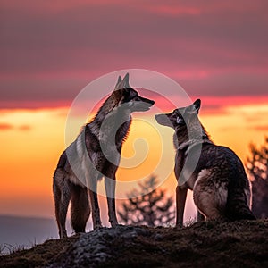 wolves silhouette on sunset