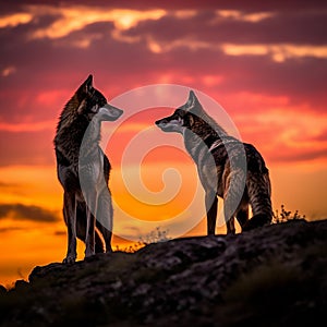 wolves silhouette on sunset