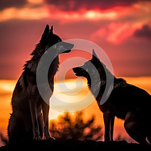 wolves silhouette on sunset